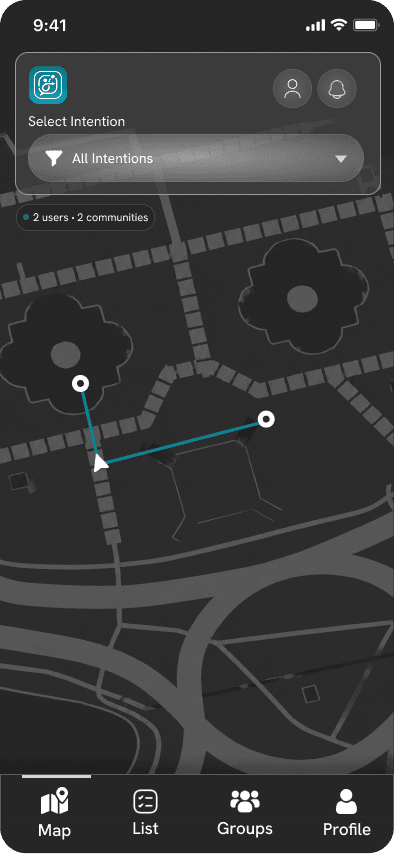 Map screen showing nearby users and communities